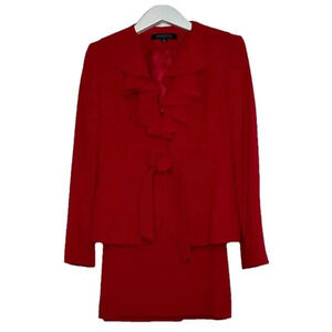 Anne‎ Klein Women's 8 Suit 2 Piece Scarlet Red Ruffled Belted Blazer + Skirt NEW